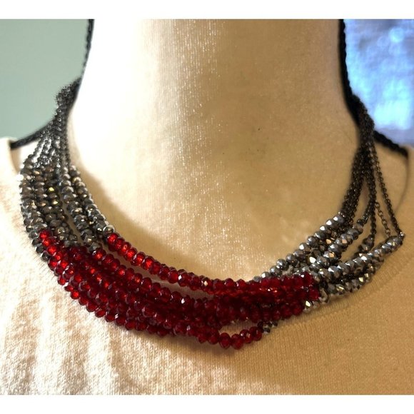 Faceted Red and Grey Glass Bead Statement Necklace -- 17" - Picture 1 of 7
